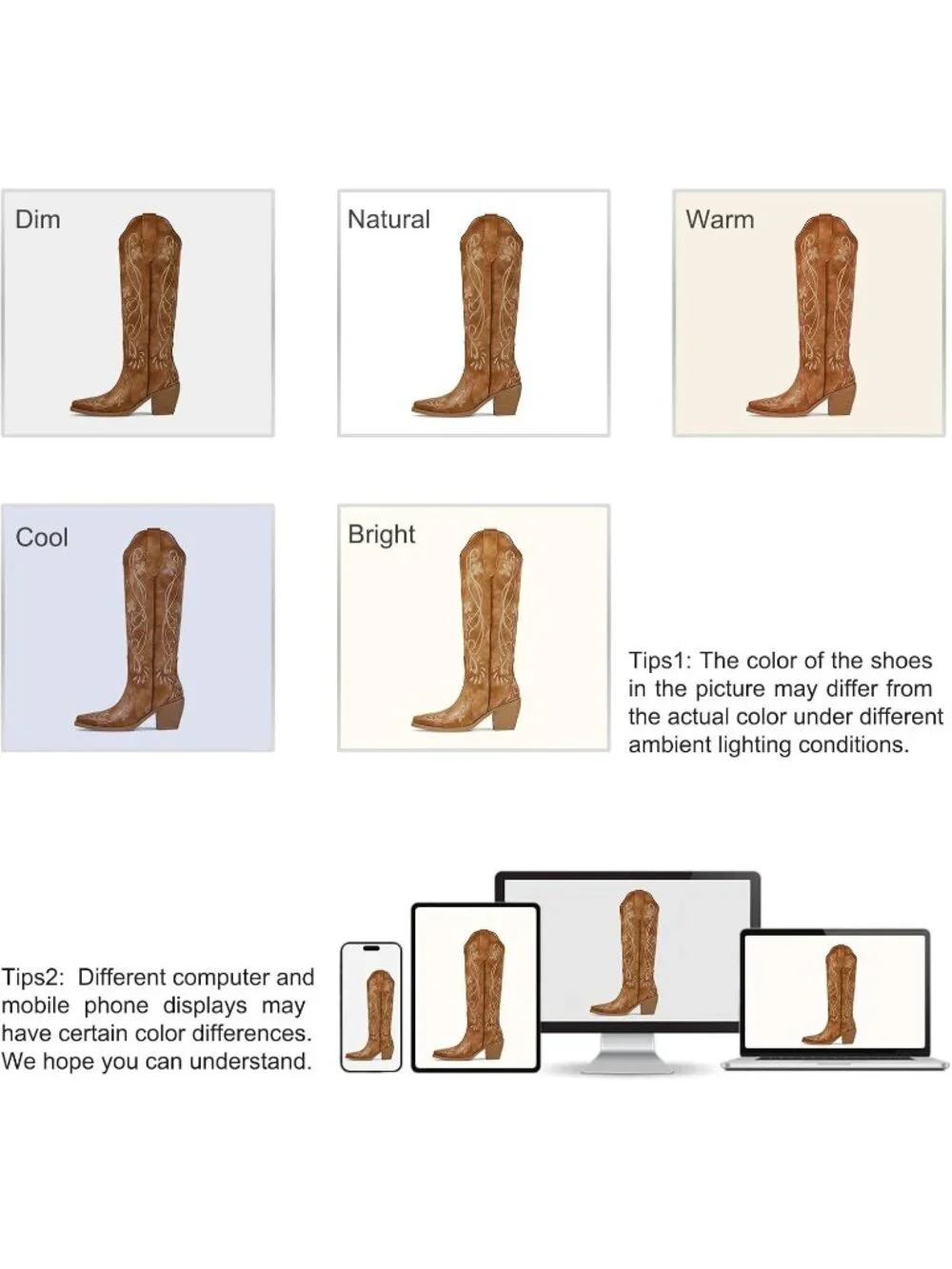 Women's Floral Brown Knee High Cowgirl Boots Embroidered Pointed Toe Chunky Heel